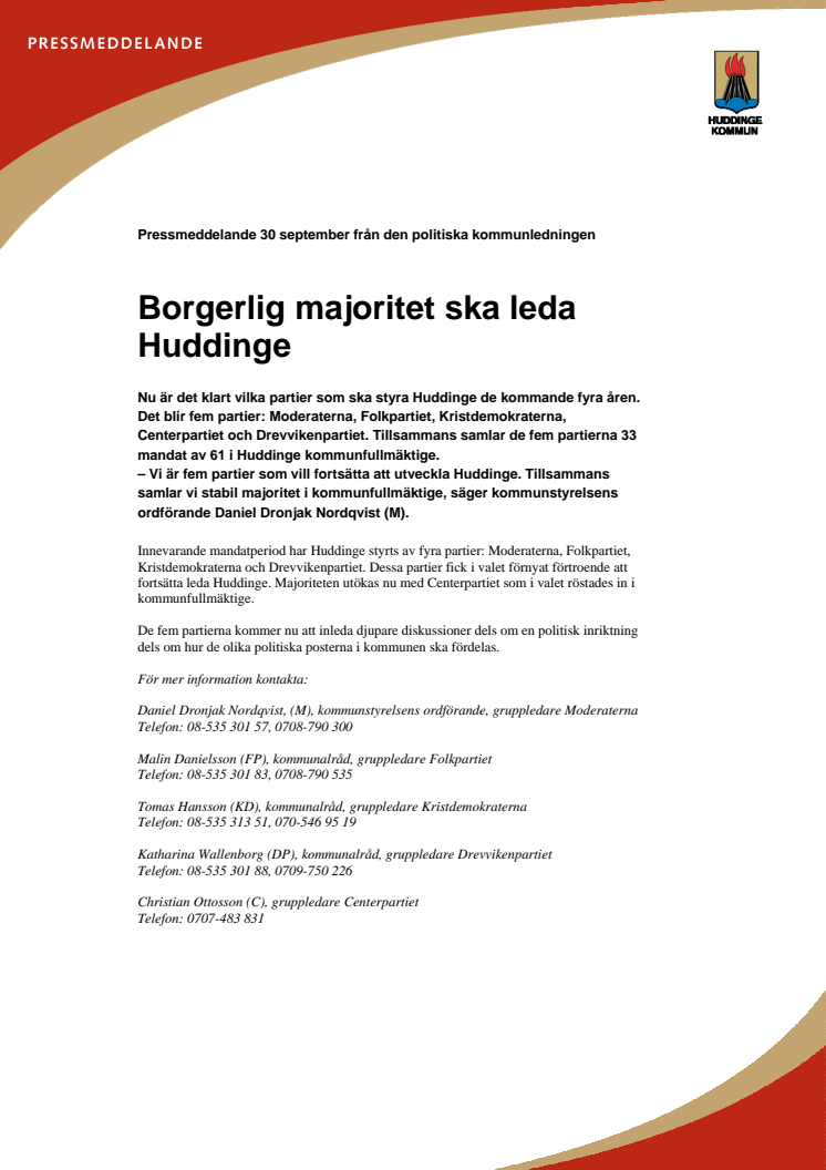 Borgerlig majoritet ska leda Huddinge