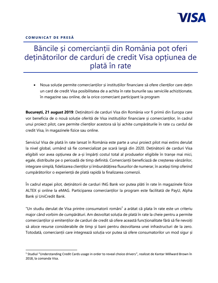 Băncile și comercianții din România pot oferi deținătorilor de carduri de credit Visa opțiunea de plată în rate