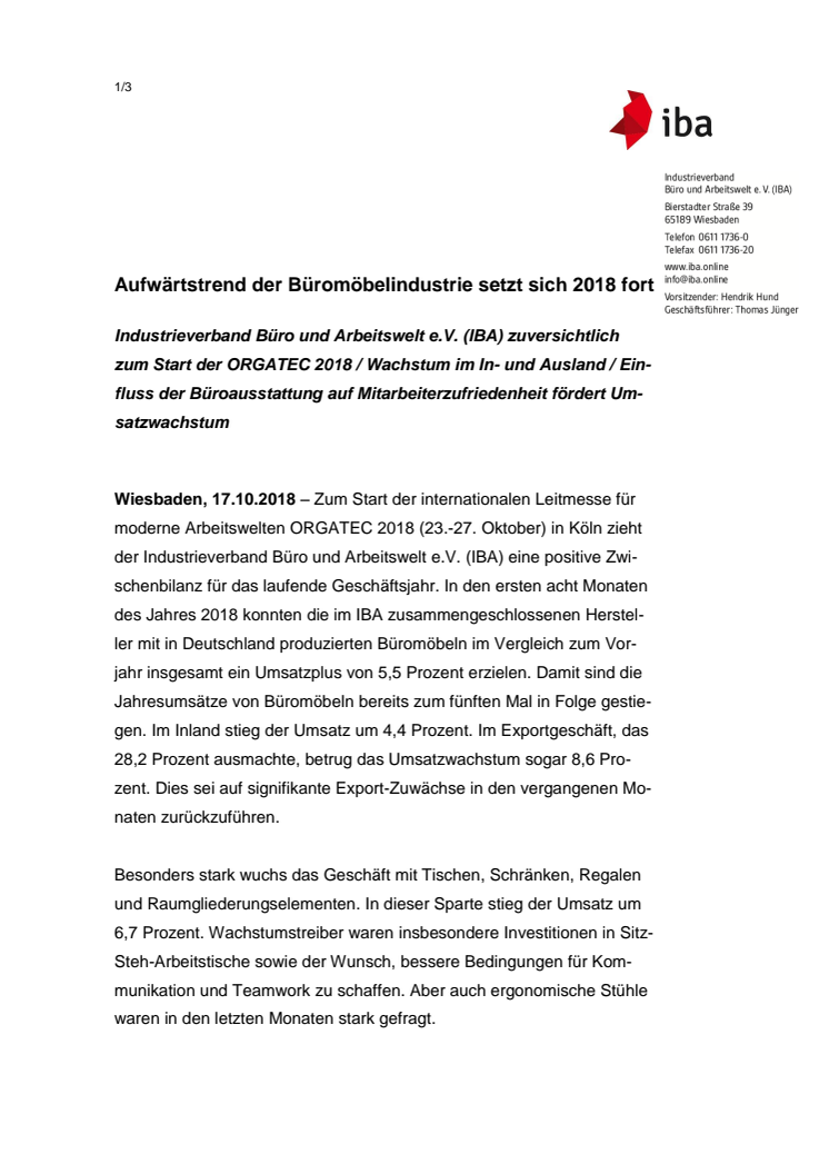 Aufwärtstrend der Büromöbelindustrie setzt sich 2018 fort