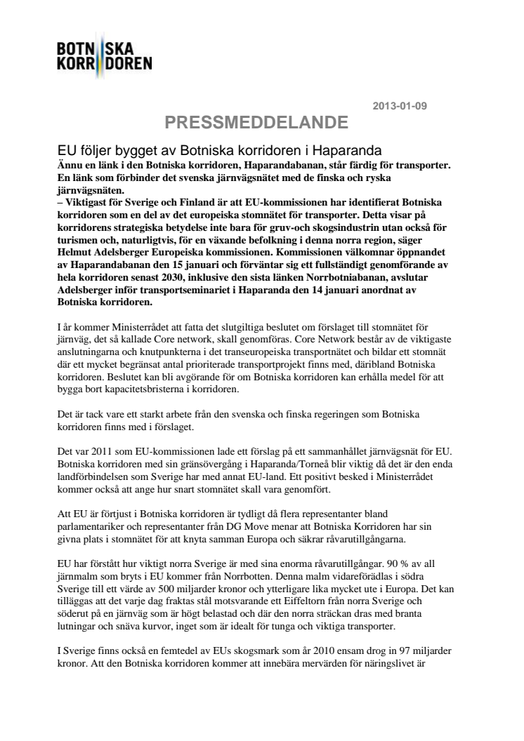 EU följer bygget av Botniska korridoren i Haparanda