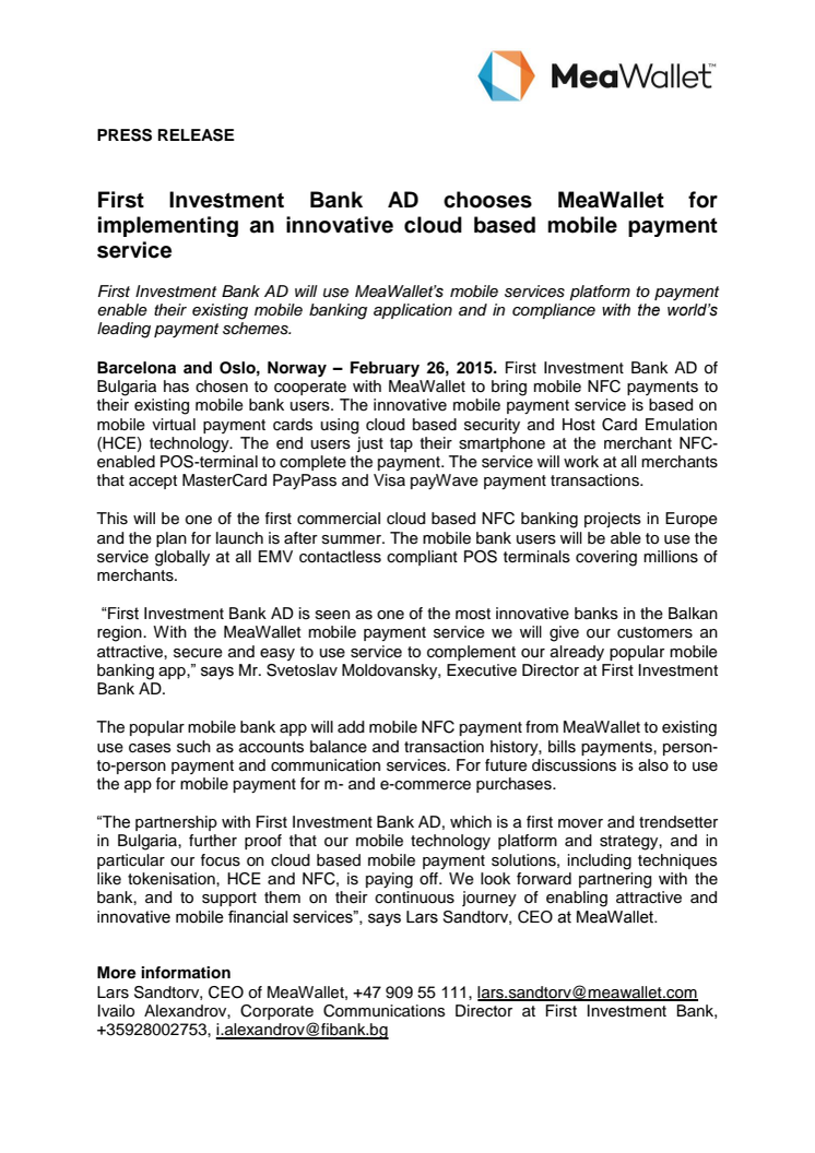First Investment Bank AD chooses MeaWallet for implementing an innovative cloud based mobile payment service