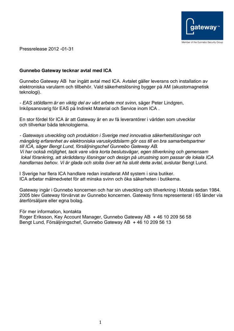 Gunnebo Gateway tecknar avtal med ICA 