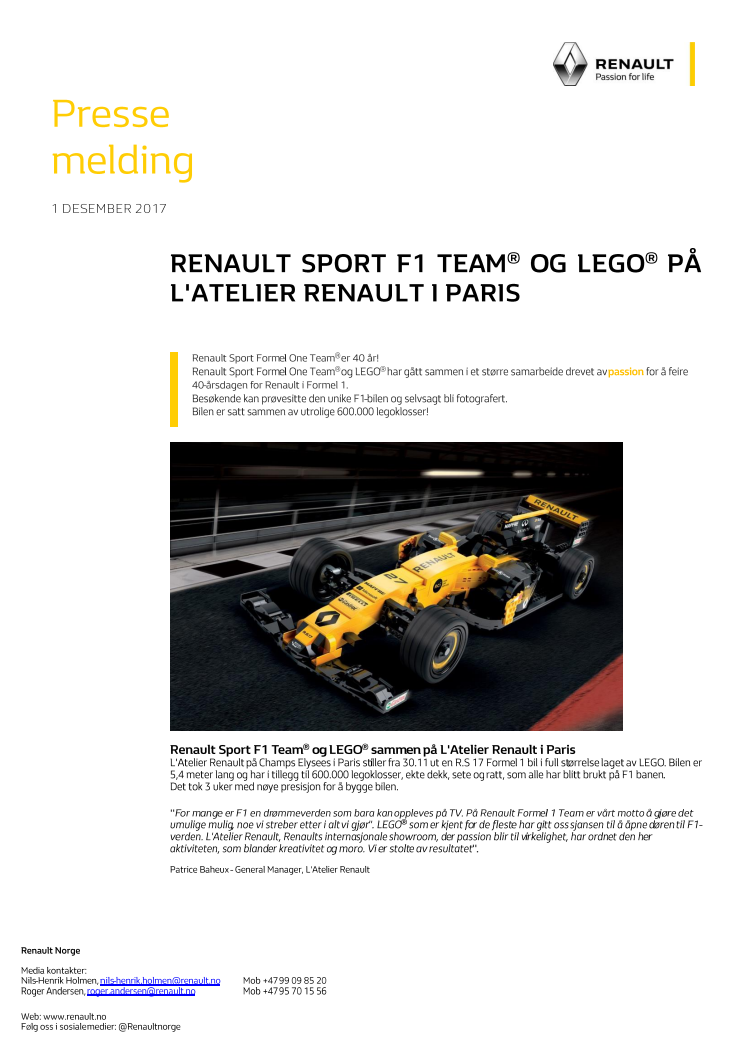 RENAULT SPORT F1 TEAM® OG LEGO® PÅ L'ATELIER RENAULT I PARIS
