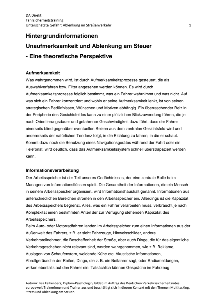 Hintergrundinformation: Ablenkung im Straßenverkehr - Dipl. Psych. Lisa Falkenberg