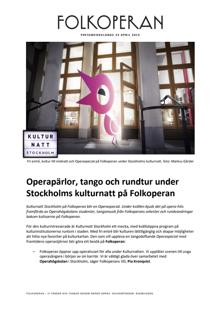 ​Operapärlor, tango och rundtur under Stockholms kulturnatt på Folkoperan