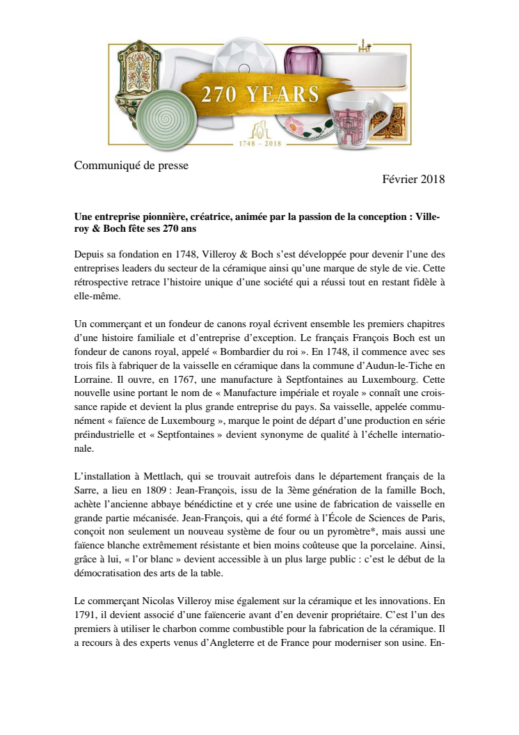 Une entreprise pionnière, créatrice, animée par la passion de la conception : Villeroy & Boch fête ses 270 ans