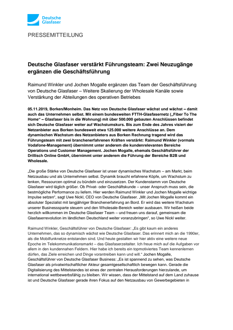 Deutsche Glasfaser verstärkt Führungsteam: Zwei Neuzugänge ergänzen die Geschäftsführung