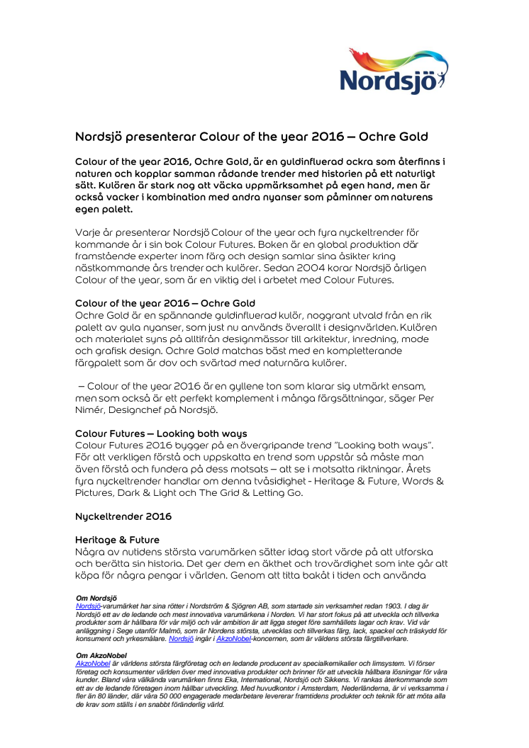 Nordsjö presenterar Colour of the year 2016 – Ochre Gold