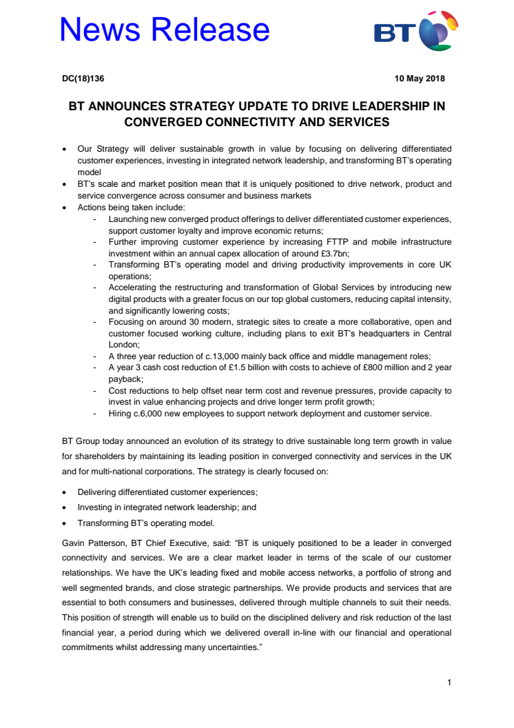 BT announces strategy update to drive leadership in converged connectivity and services 