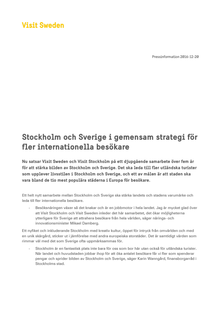 Stockholm och Sverige i gemensam strategi för fler internationella besökare 