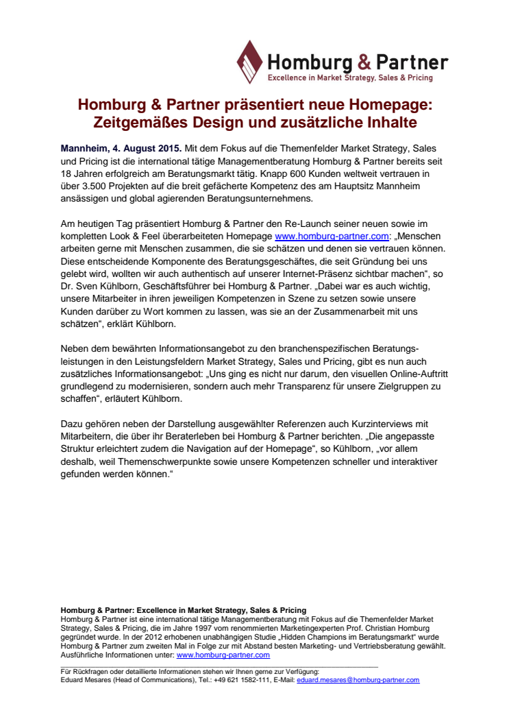 Homburg & Partner präsentiert neue Homepage: Zeitgemäßes Design und zusätzliche Inhalte 