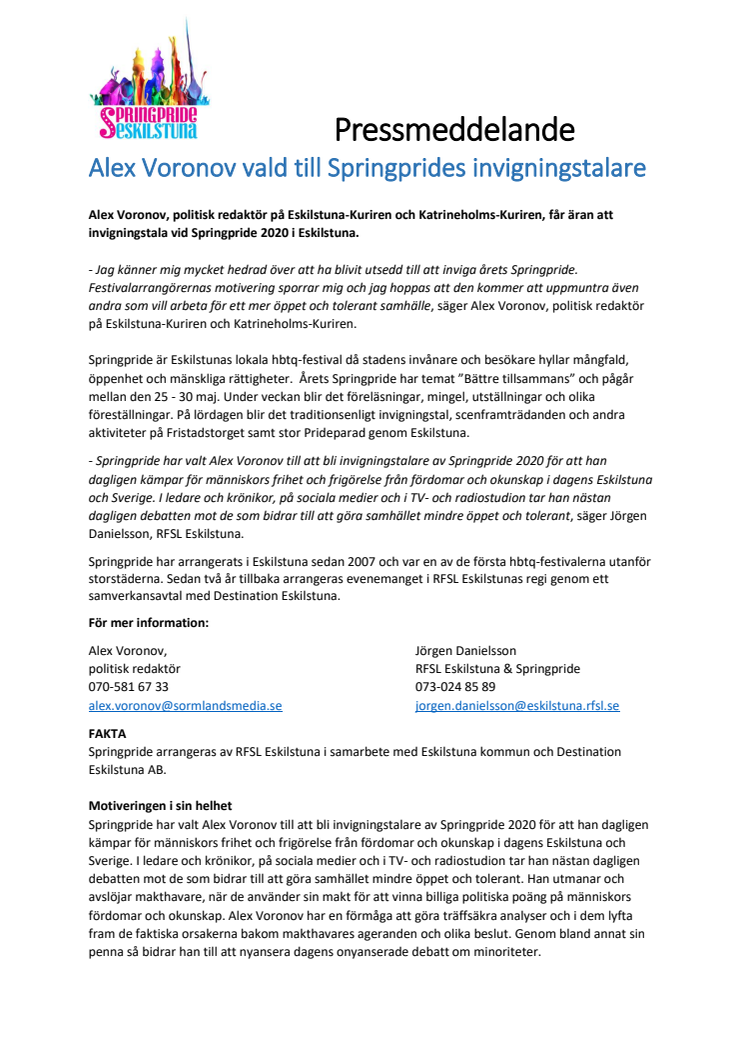 Alex Voronov vald till Springprides invigningstalare