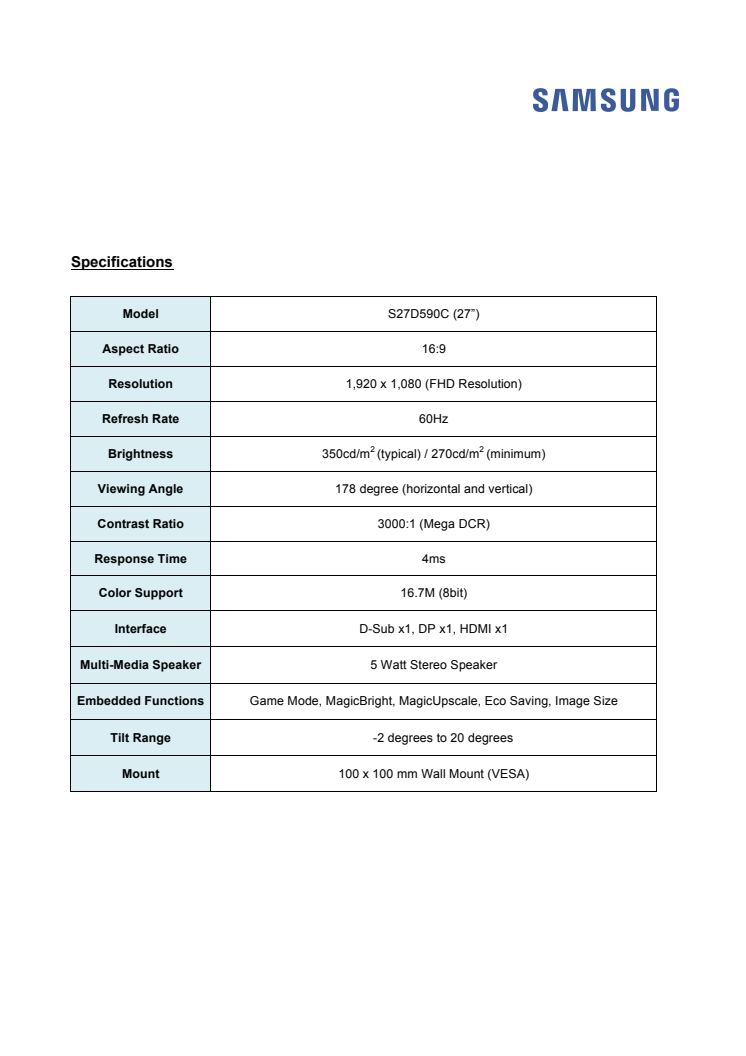 Tekniska specifikationer S27D590C 