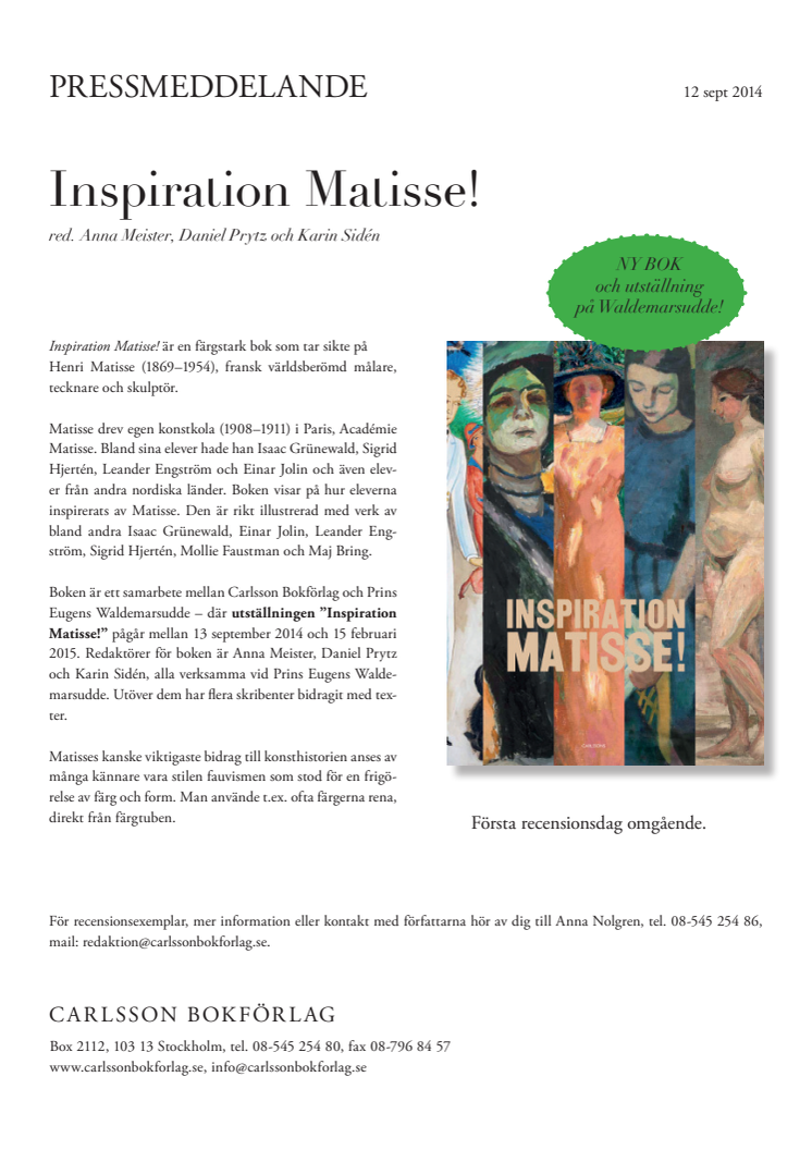 "Inspiration Matisse!" Ny bok och utställning på Prins Eugens Waldemarsudde