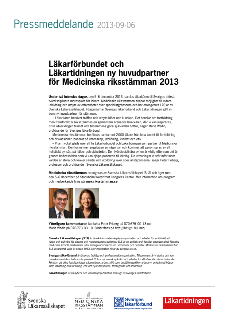 Läkarförbundet och  Läkartidningen ny huvudpartner  för Medicinska riksstämman 2013