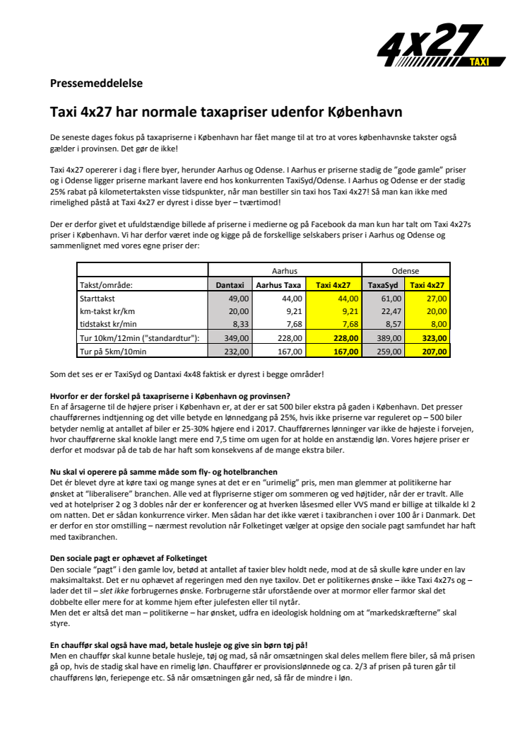 Taxi 4x27 har normale taxapriser udenfor København