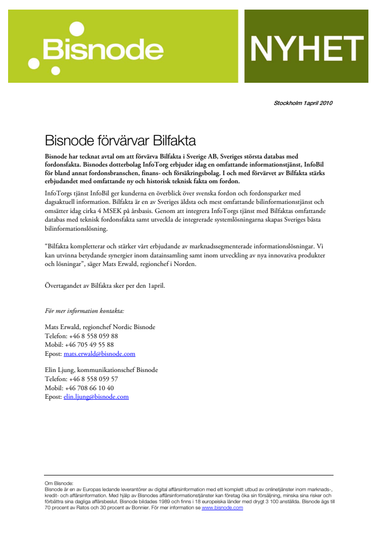 Bisnode förvärvar Bilfakta