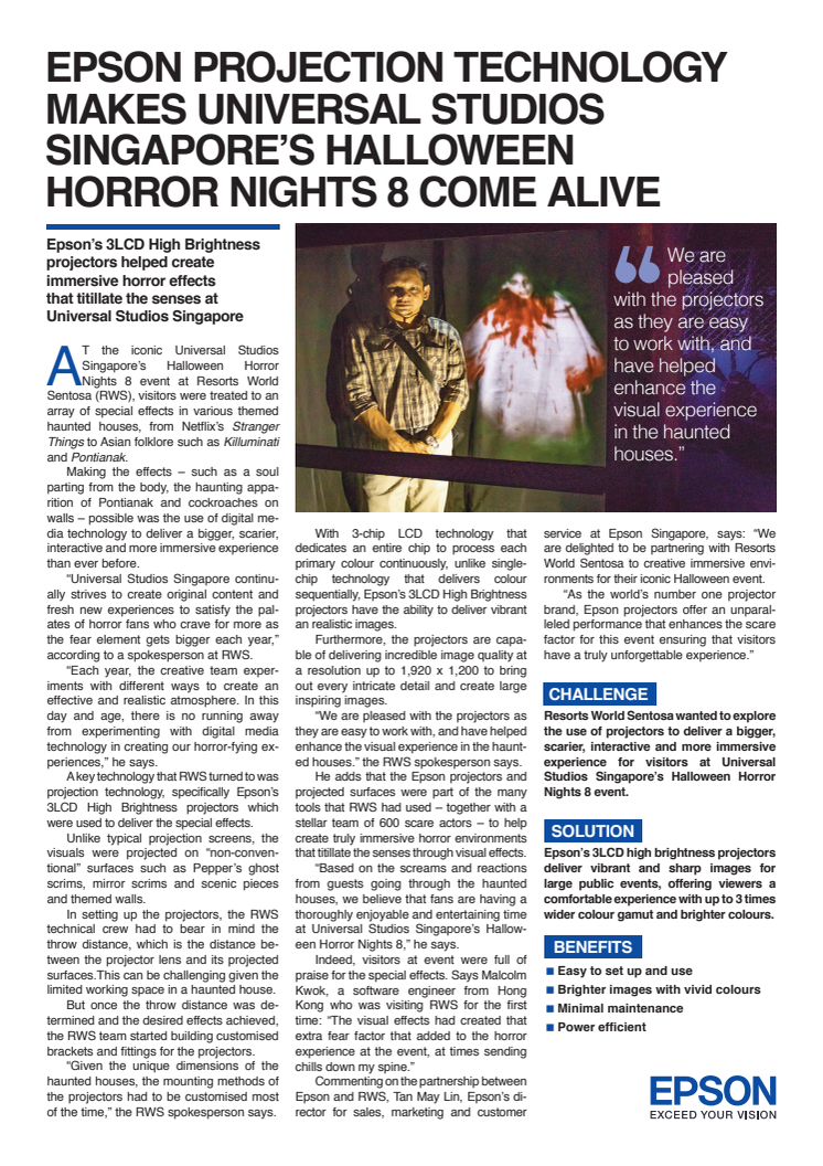 Epson projection technology makes Universal Studios Singapore’s Halloween Horror Nights 8 come alive