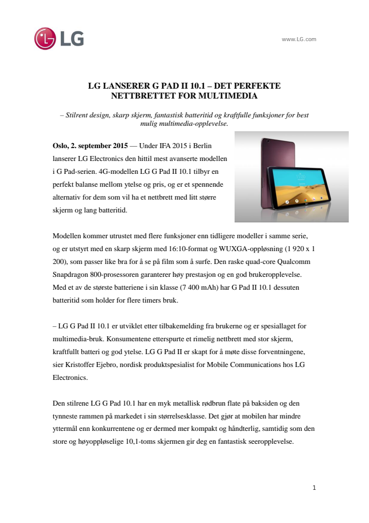 LG LANSERER G PAD II 10.1 – DET PERFEKTE  NETTBRETTET FOR MULTIMEDIA