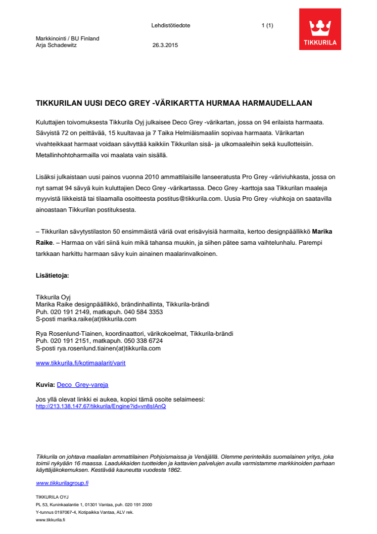 TIKKURILAN UUSI DECO GREY -VÄRIKARTTA HURMAA HARMAUDELLAAN 