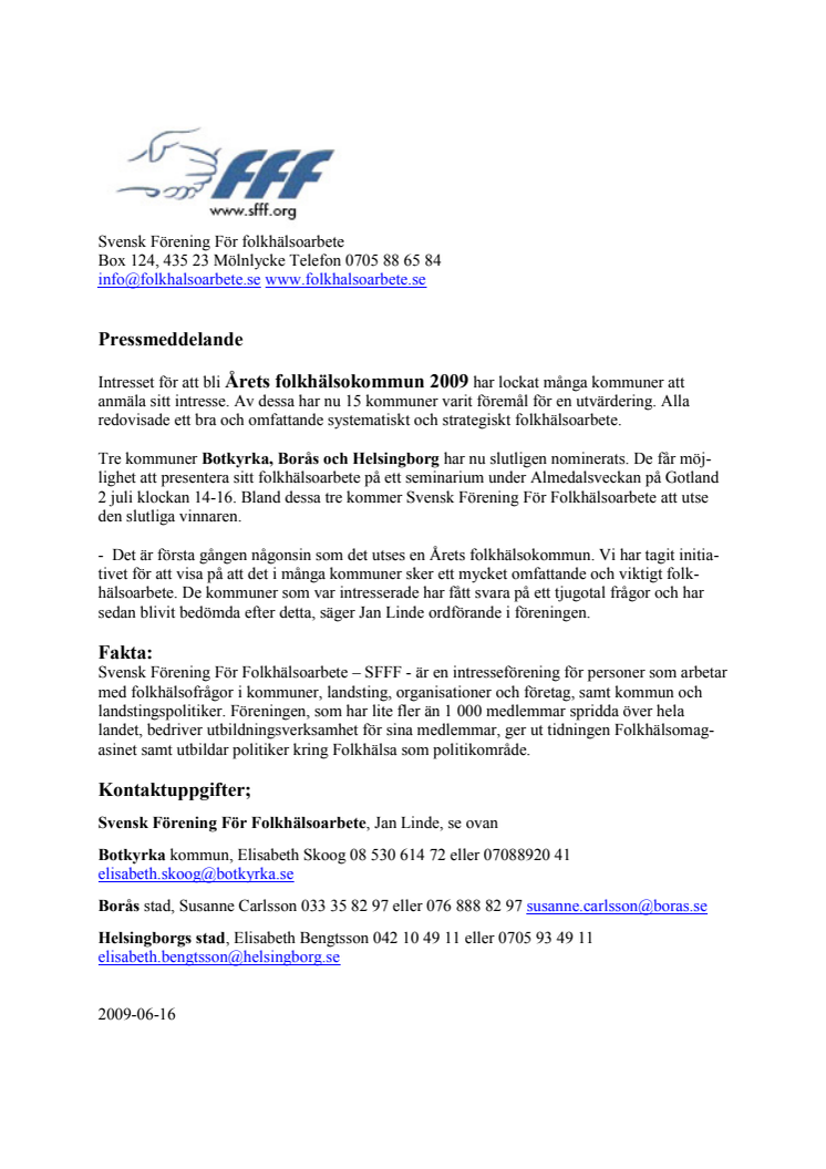 SFFF Årets folkhälsokommun nominerade 