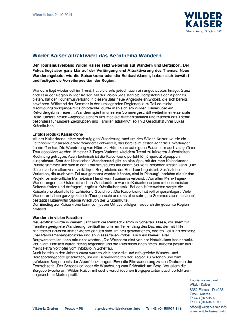 Wilder Kaiser attraktiviert das Kernthema Wandern