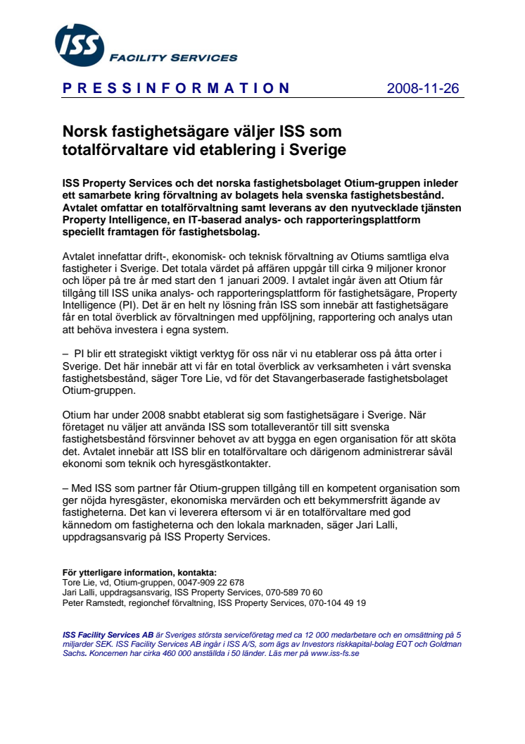 Norsk fastighetsägare väljer ISS som förvaltare