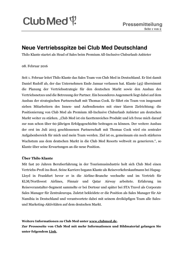 Thilo Klante: Neuer Head of Sales bei Club Med Deutschland