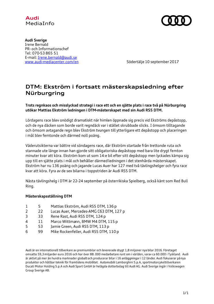 DTM: Ekström i fortsatt mästerskapsledning efter Nürburgring