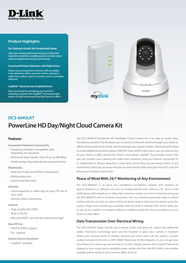 Produktblad, D-Link HD Day/Night Cloud Camera Kit (DCS-6045LKT)