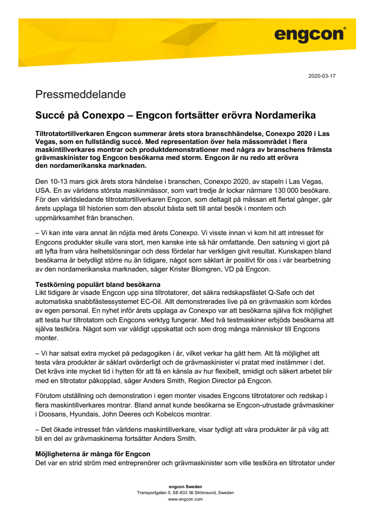 Succé på Conexpo – Engcon fortsätter erövra Nordamerika 