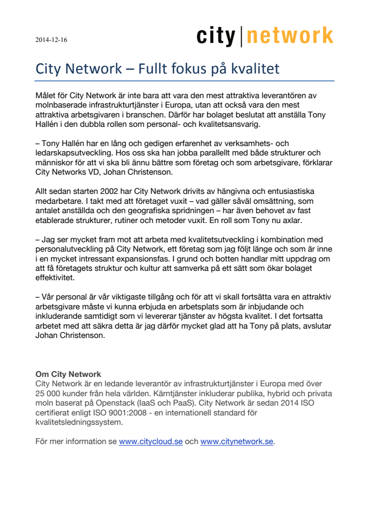 City Network – Fullt fokus på kvalitet