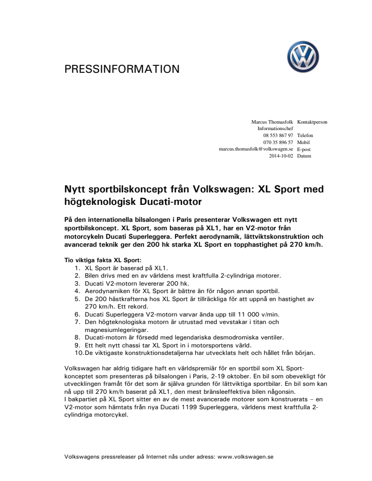 Nytt sportbilskoncept från Volkswagen: XL Sport med högteknologisk Ducati-motor