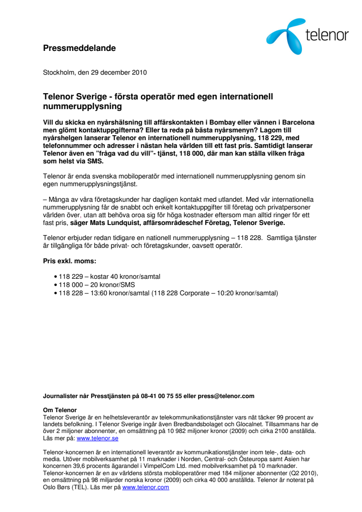 Telenor Sverige - första operatör med egen internationell nummerupplysning 
