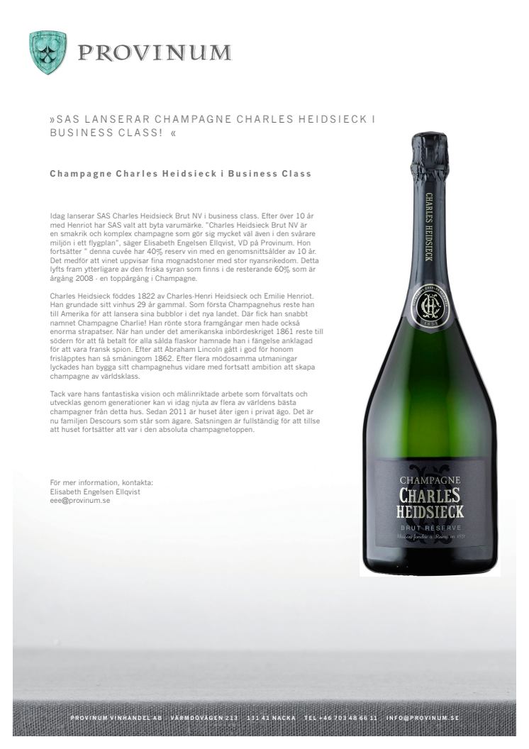 SAS lanserar Champagne Charles Heidsieck i  business class