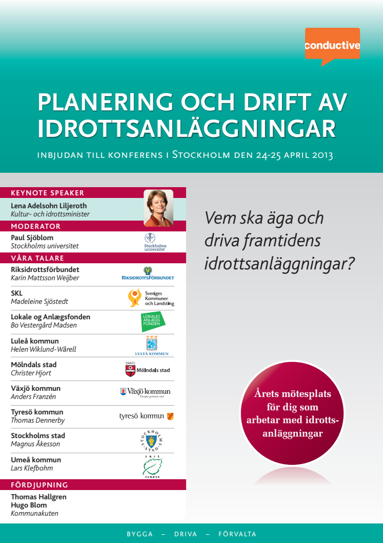 Planering och drift av idrottsanläggningar, konferens i Stockholm 24-25 april