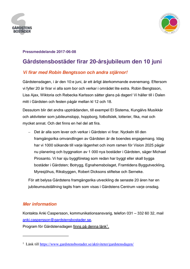 Gårdstensbostäder firar 20-årsjubileum den 10 juni