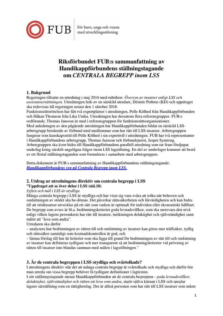 Riksförbundet FUB:s sammanfattning av Handikappförbundens ställningstagande om CENTRALA BEGREPP inom LSS