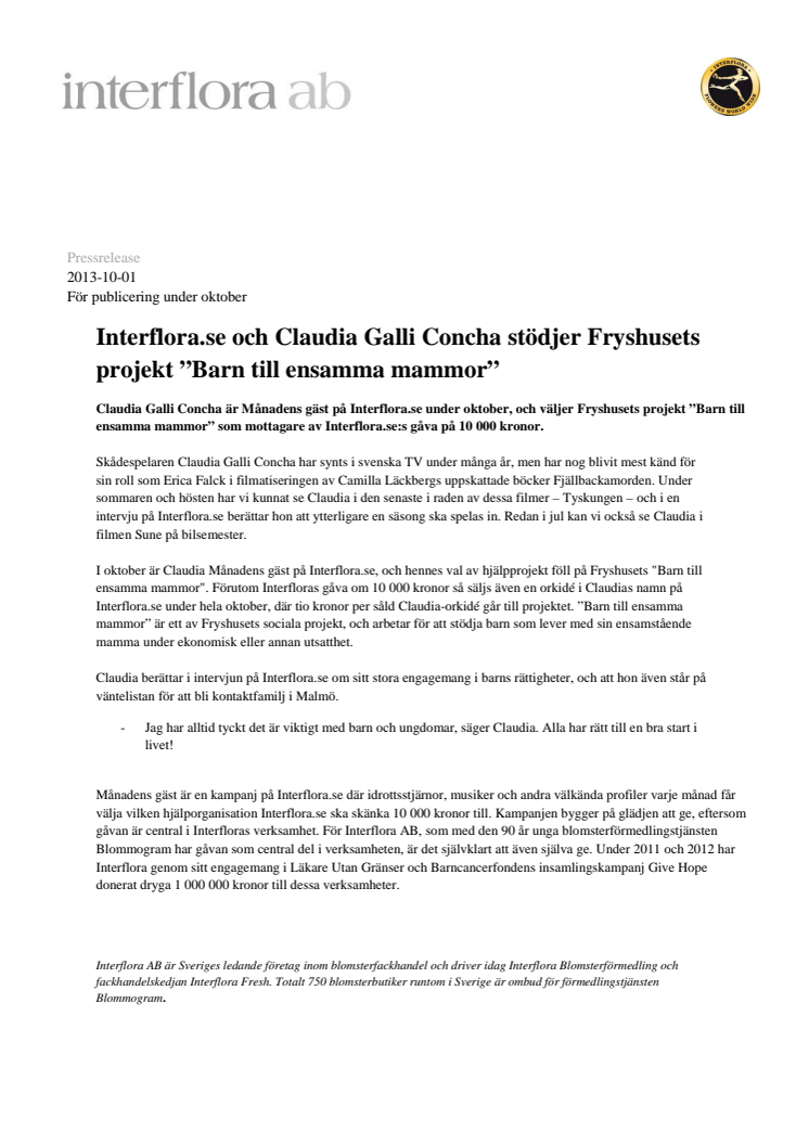 Interflora.se och Claudia Galli Concha stödjer Fryshusets projekt ”Barn till ensamma mammor”