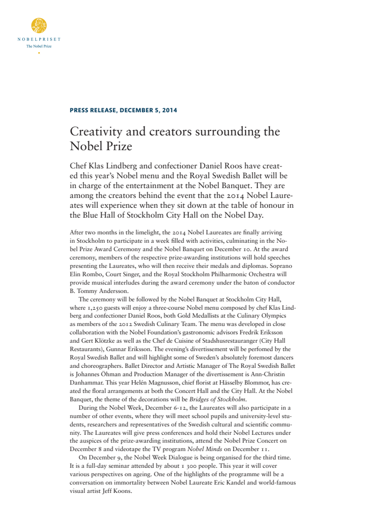 Press release: Creativity and creators surrounding the Nobel Prize