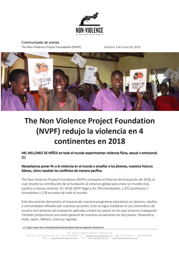 Espanol - The Non Violence Project Foundation (NVPF) redujo la violencia en 4 continentes en 2018