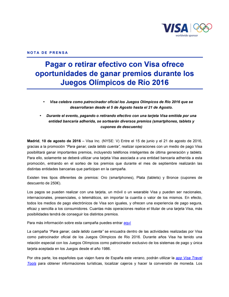 Pagar o retirar efectivo con Visa ofrece oportunidades de ganar premios durante los Juegos Olímpicos de Río 2016