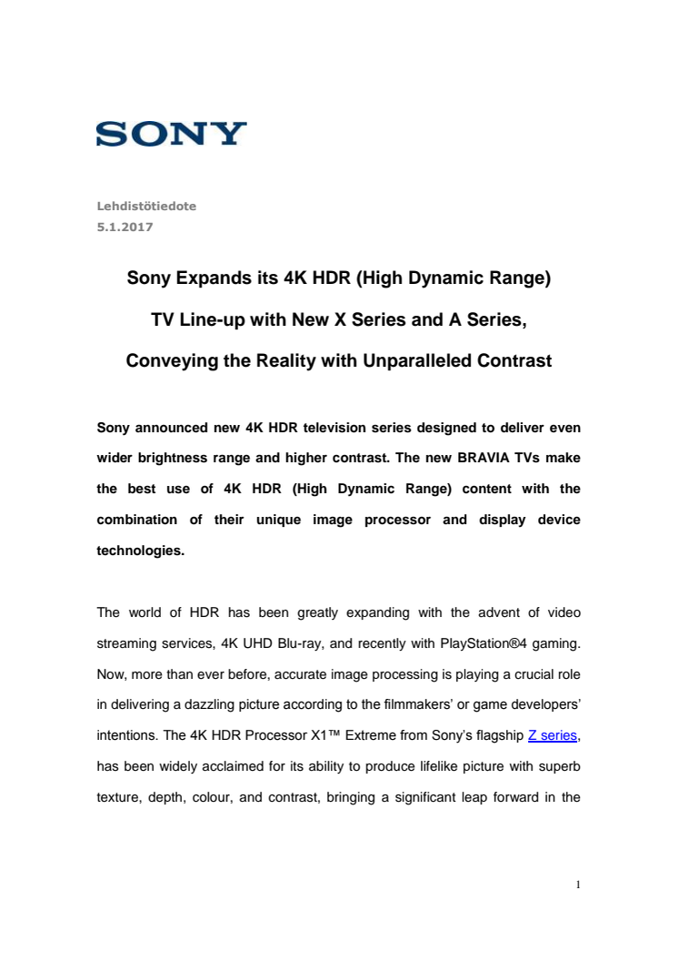 Sony laajentaa 4K HDR -televisiovalikoimaansa uusilla X- ja A-sarjoilla – ilmaisee todellisuutta vertaansa vailla olevalla kontrastilla