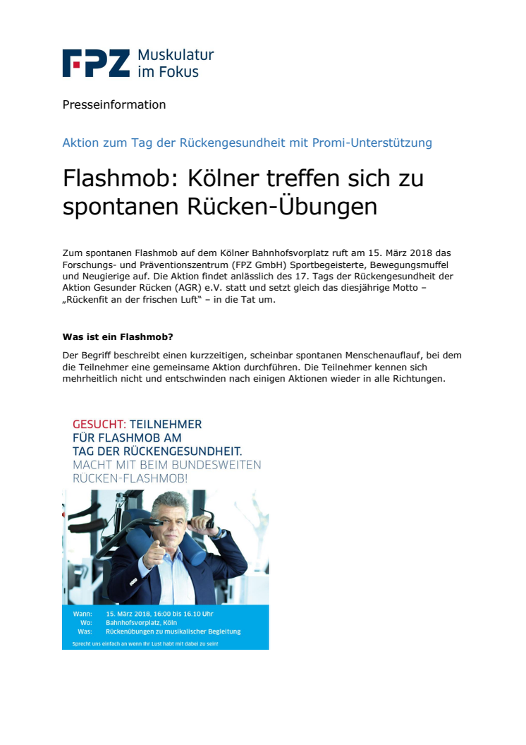 Flashmob: Kölner treffen sich zu spontanen Rückenübungen - Aktion zum Tag der Rückengesundheit mit Promi-Unterstützung