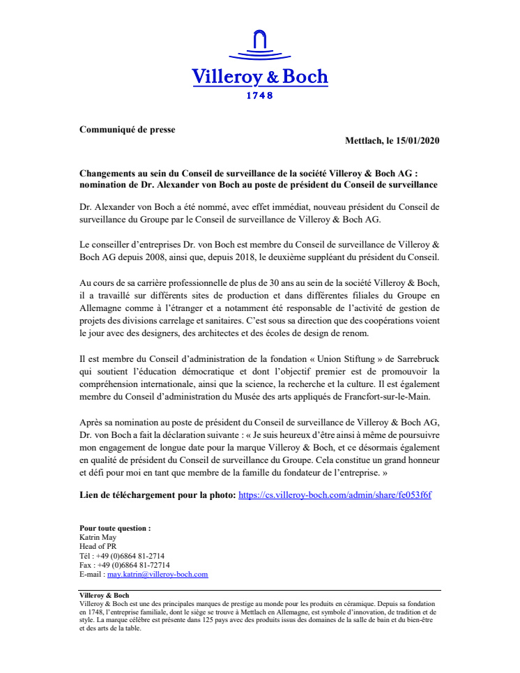 Changements au sein du Conseil de surveillance de la société Villeroy & Boch AG : nomination de Dr. Alexander von Boch au poste de président du Conseil de surveillance