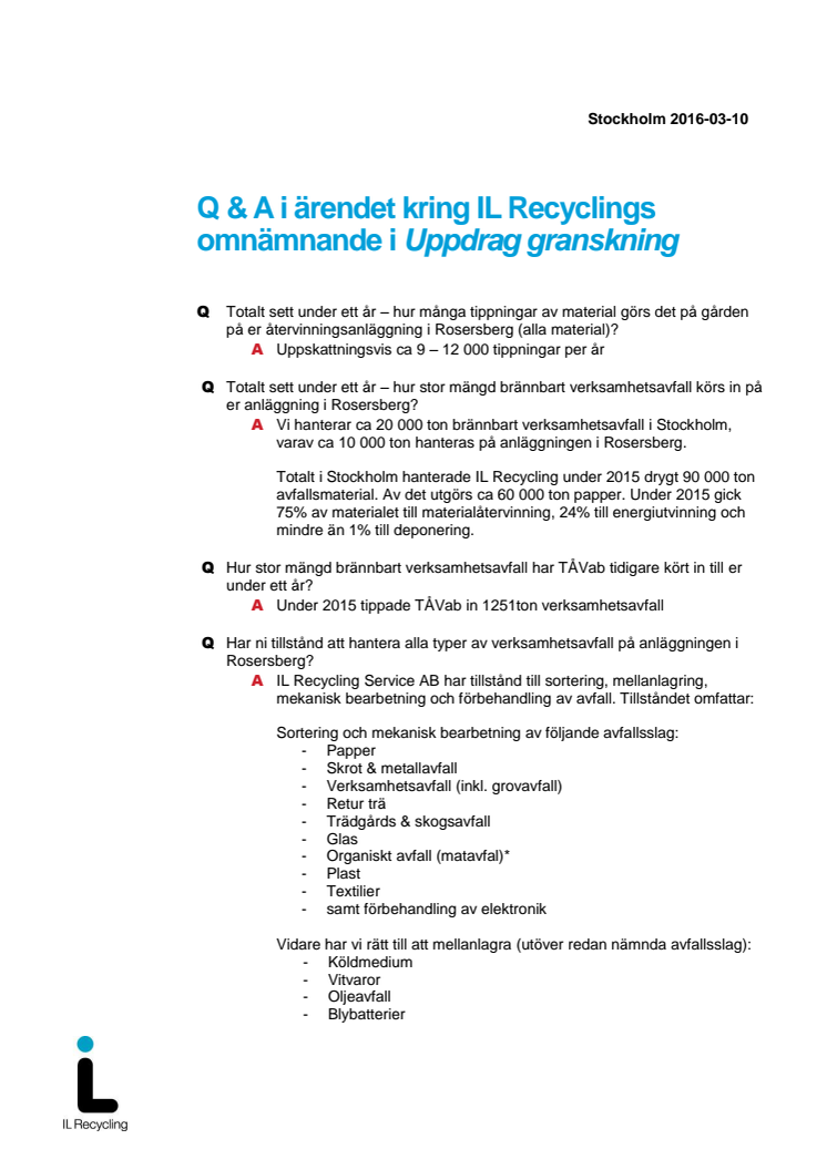 Q & A i ärendet kring IL Recyclings omnämnande i Uppdrag granskning