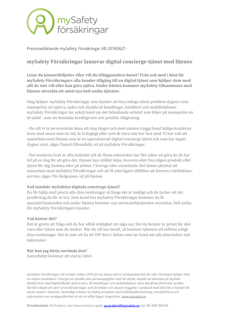 mySafety Försäkringar lanserar digital concierge-tjänst med Djenee