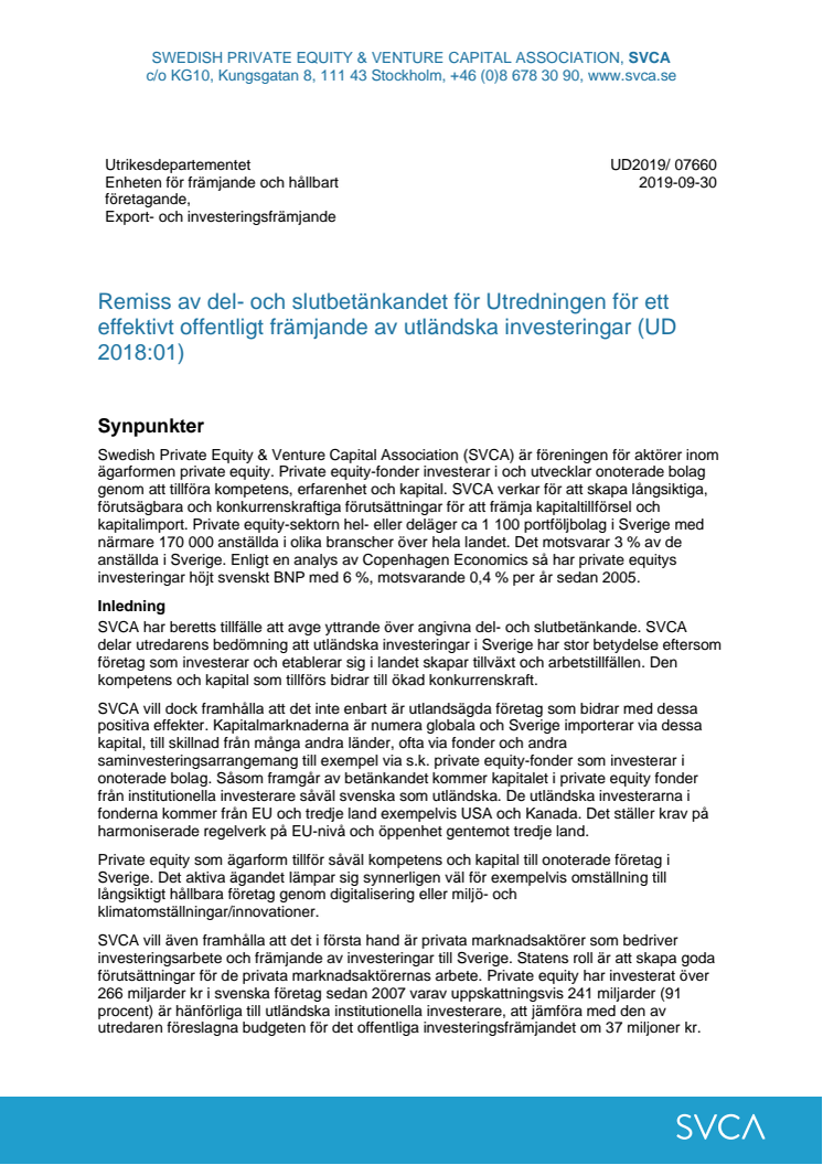 Remiss av del- och slutbetänkandet för Utredningen för ett effektivt offentligt främjande av utländska investeringar (UD 2018:01)