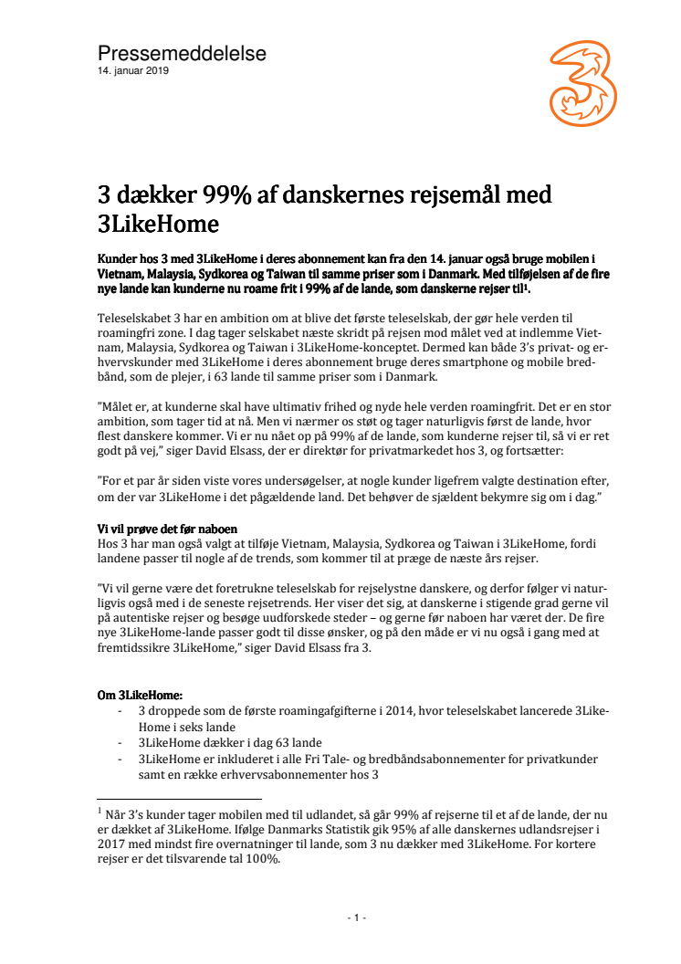 3 dækker 99% af danskernes rejsemål med 3LikeHome