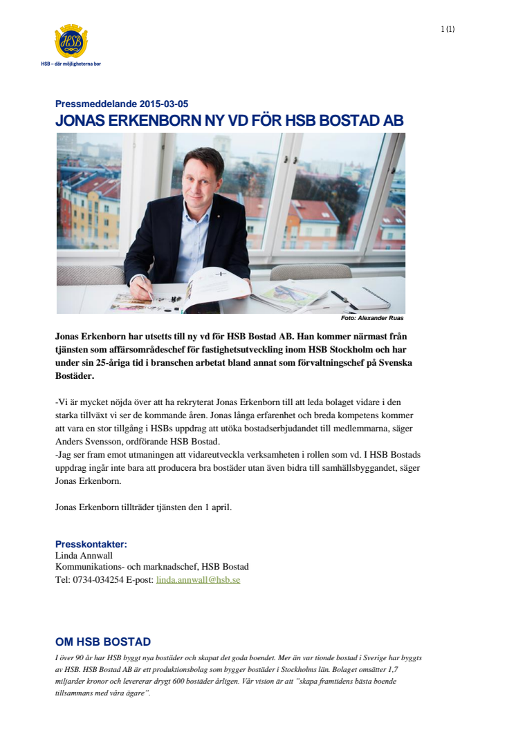 Jonas Erkenborn ny vd för HSB Bostad AB